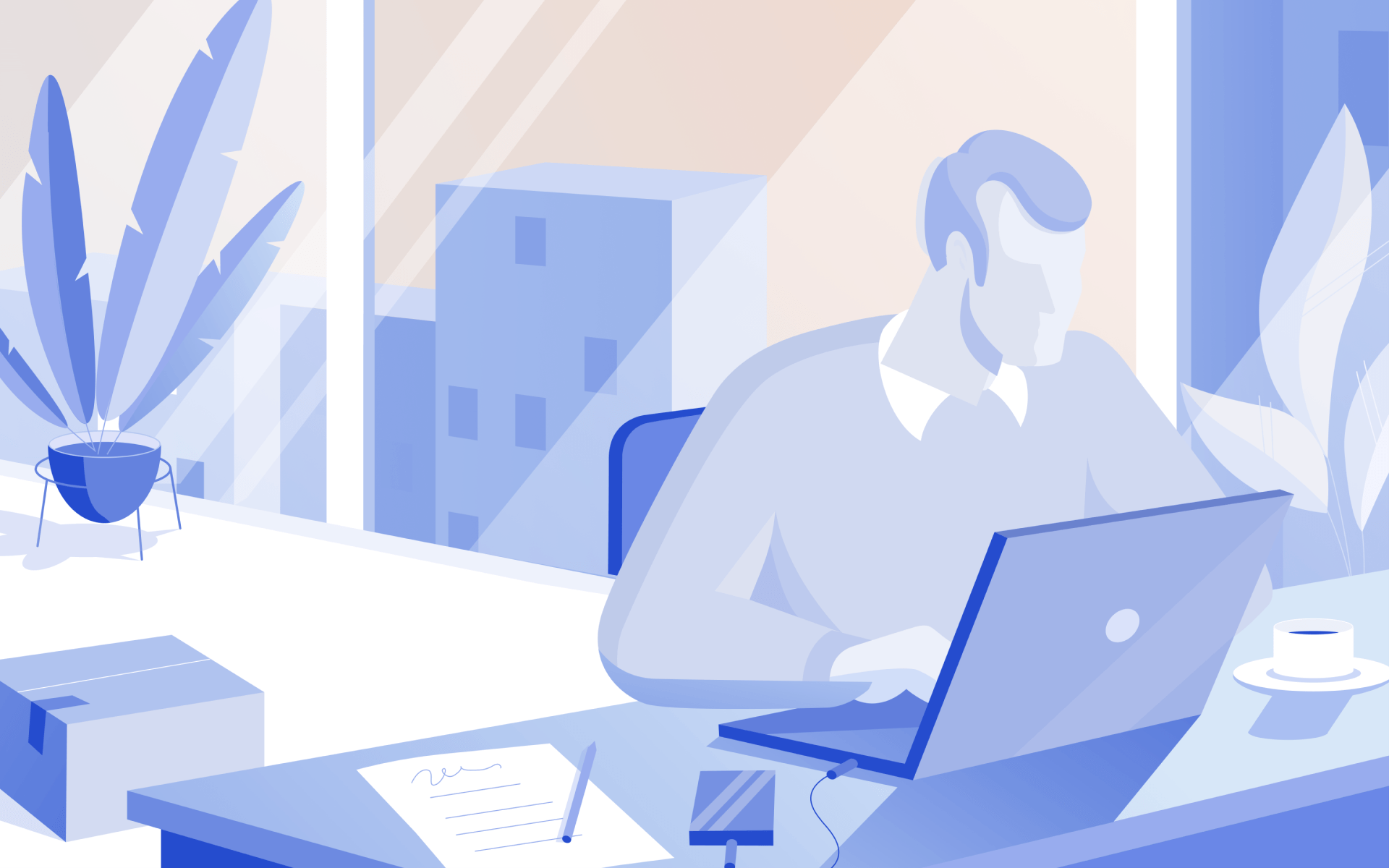 Fintech flat style illustration man working with computer
